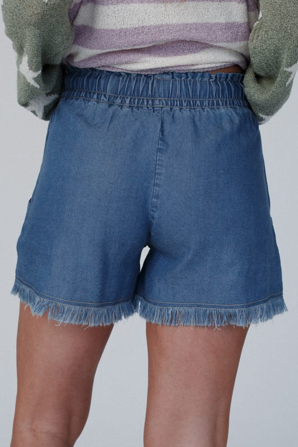 Raw Hem Drawstring Elastic Waistband Denim Shorts With Pockets | Denim Drawstring Pocketed Shorts