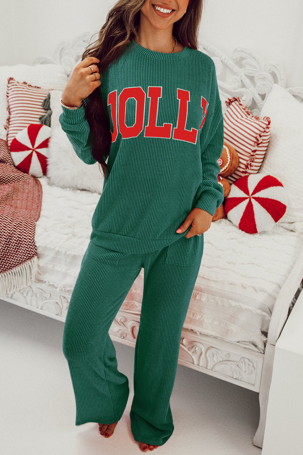 Corded Cheer Green JOLLY Christmas Pants Set