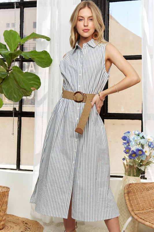 Hazel Blues® |  ADORA Striped Button Down Sleeveless Midi Dress