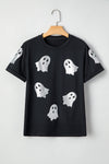 Hazel Blues® |  Black Glitter Ghost Pattern Crew Neck Halloween T Shirt