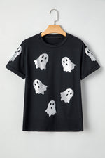 Hazel Blues® |  Black Glitter Ghost Pattern Crew Neck Halloween T Shirt