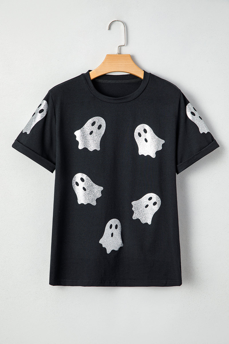 Hazel Blues® |  Black Glitter Ghost Pattern Crew Neck Halloween T Shirt
