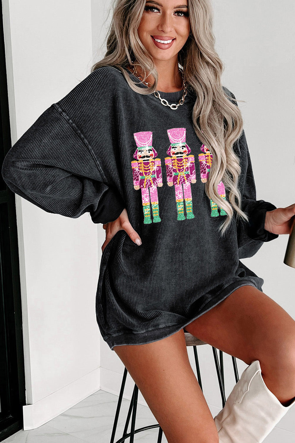 Hazel Blues® |  Black Christmas Sequined Nutcrackers Mineral Wash Corded Sweatshirt