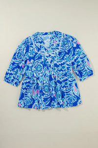 Hazel Blues® |  Printed Notched Three-Quarter Sleeve Blouse