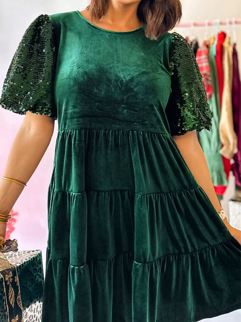 Sequin Puff Sleeve Crew Neck High Waist Tiered Velvet A Line Mini Dress
