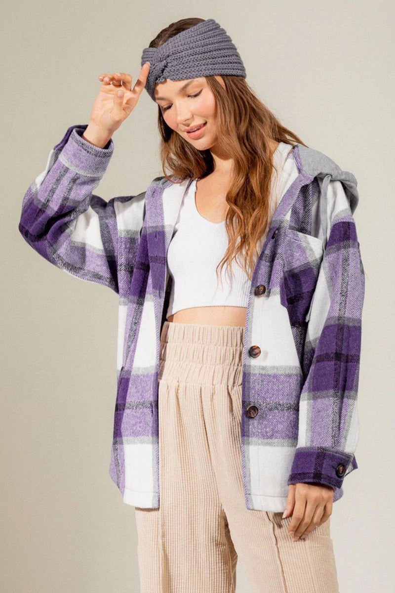 Hazel Blues® |  Drawstring Plaid Dropped Shoulder Hooded Shacket