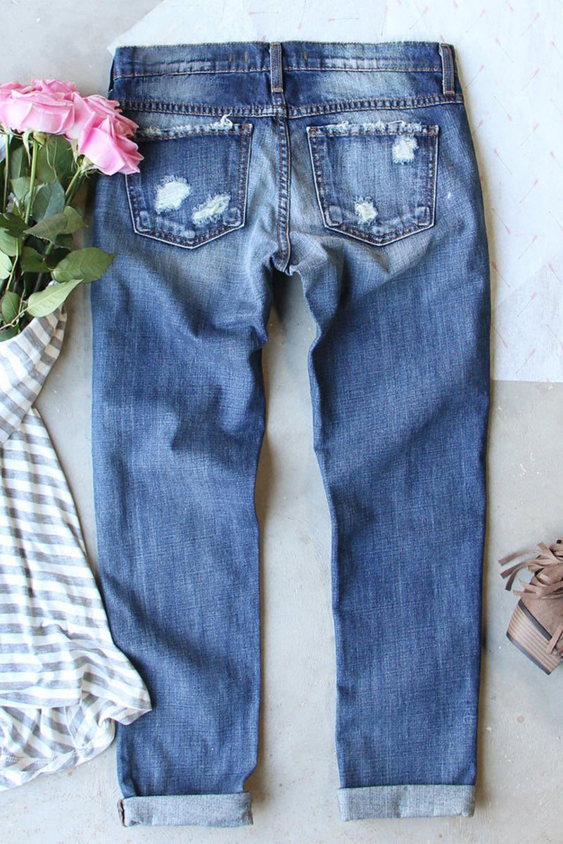 Hazel Blues® |  Sky Blue Sequin Football Patchwork Distressed Straight Leg Jeans