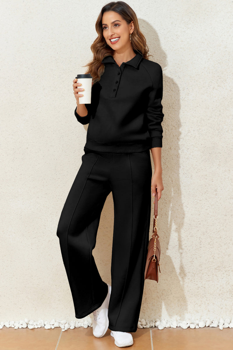 Hazel Blues® |  Black Solid Collared Sweatshirt and High Waist Pants Active Set