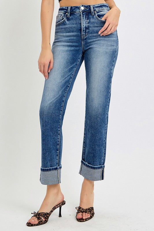 Hazel Blues® |  RISEN High Rise Crop Straight Roll Up Jeans