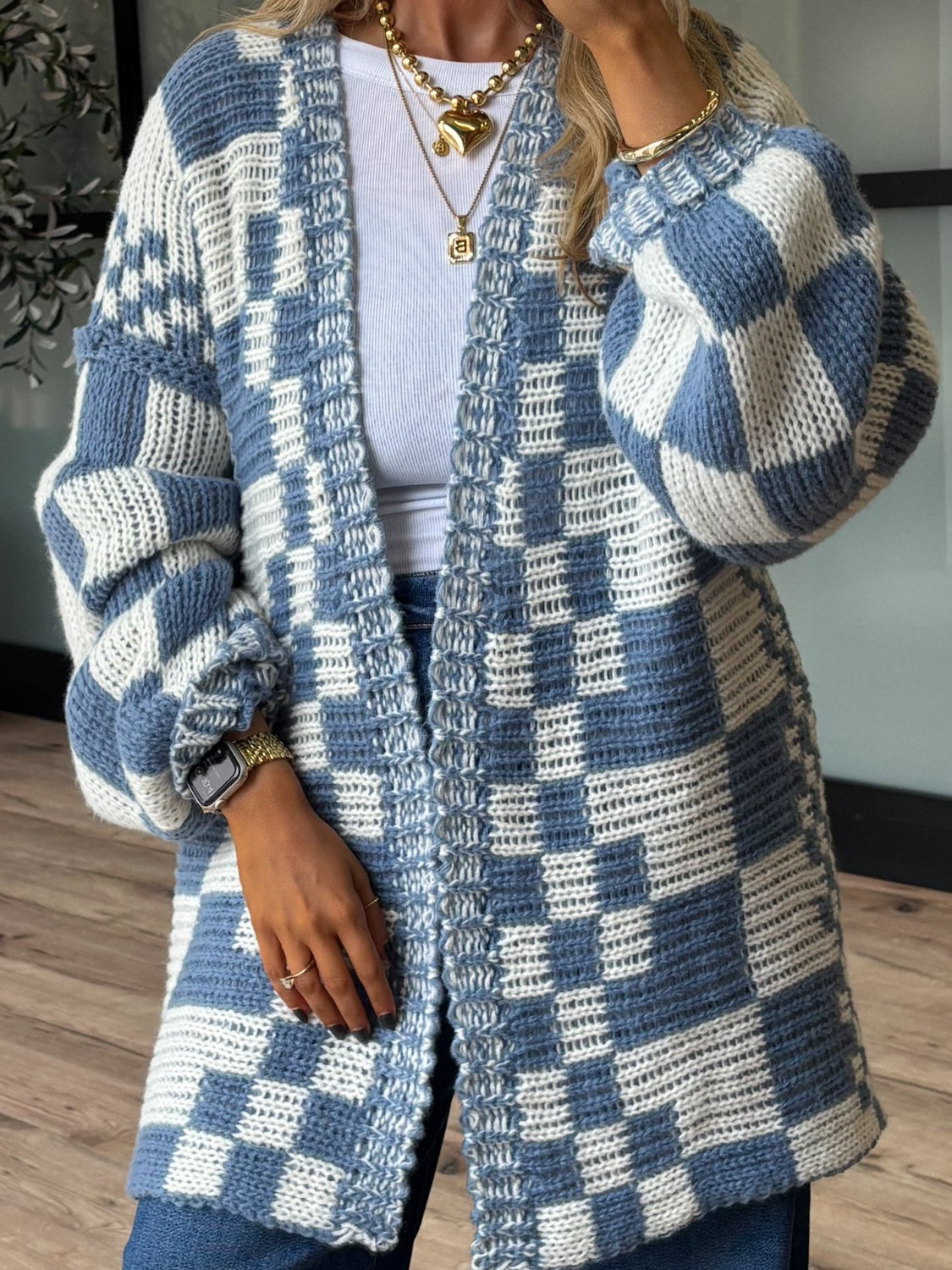 Hazel Blues® |  Checkered Open Front Long Sleeve Cardigan