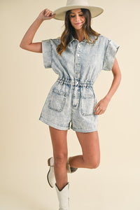 Hazel Blues® |  Annie Wear Elastic Waistband Short Sleeve Denim Romper