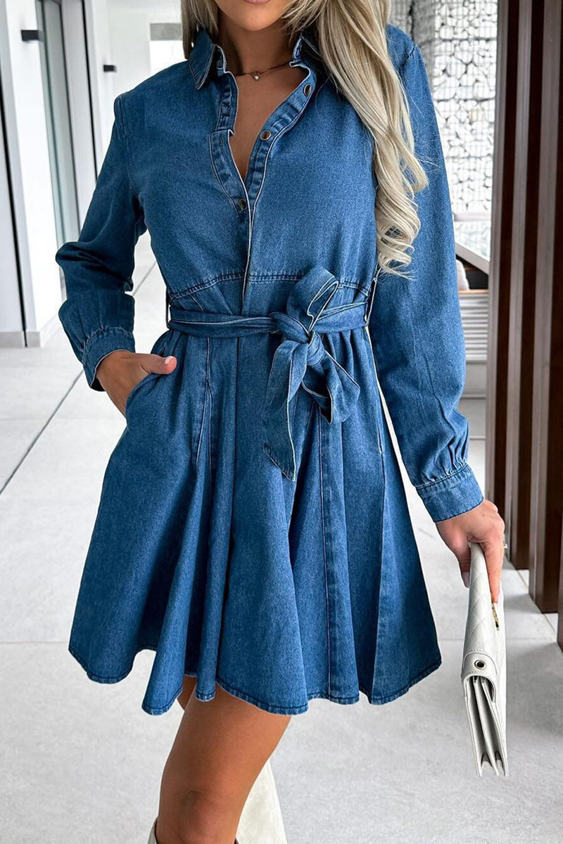 Hazel Blues® |  Tied Half Button Long Sleeve Denim Dress