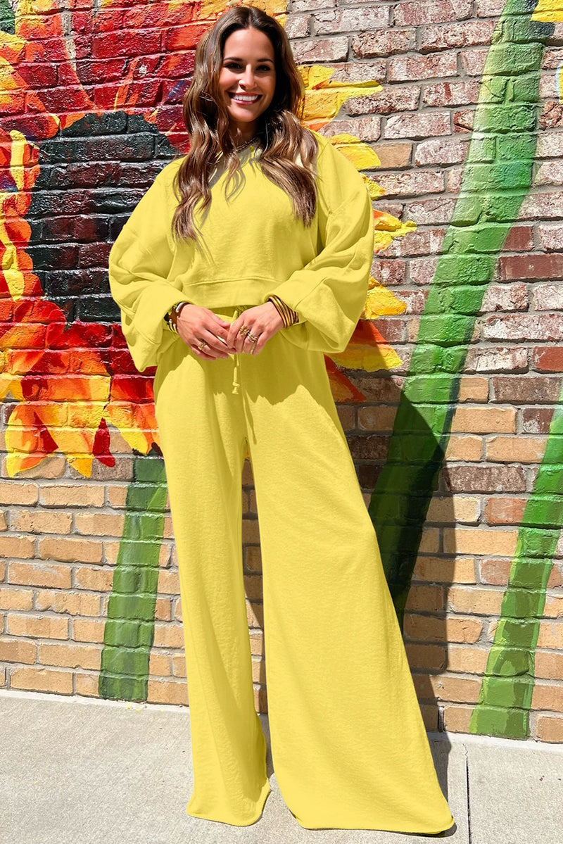 Hazel Blues® |  Yellow Cream Drop Shoulder Puff Sleeve Crop Pullover Drawstring Wide Leg Pants Set