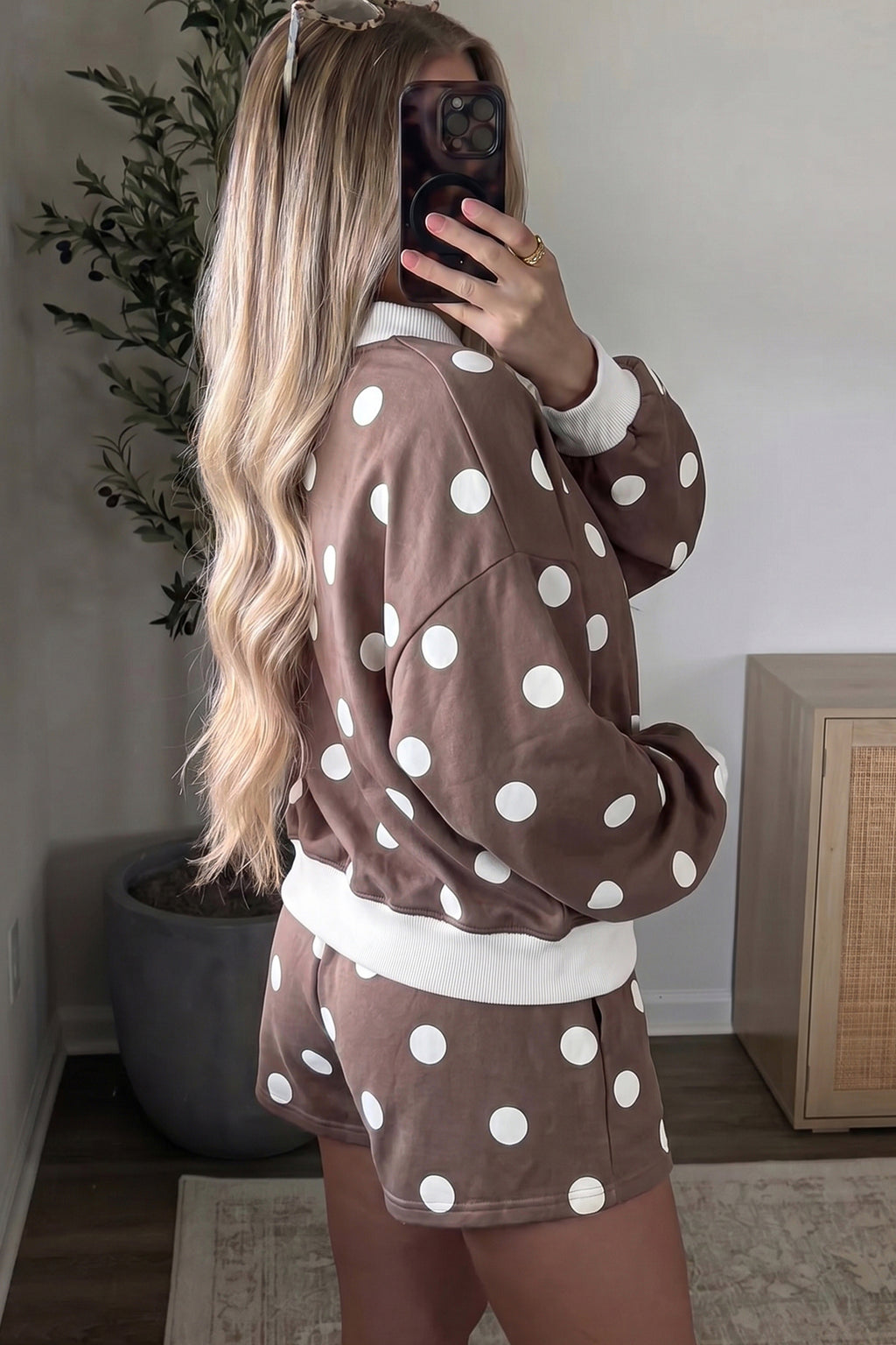 Hadley Mae Polka-Dot Ribbed Short Set — Brown