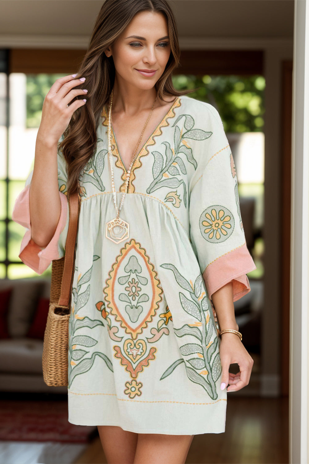 Hazel Blues® |  Printed V-Neck Three-Quarter Sleeve Mini Dress