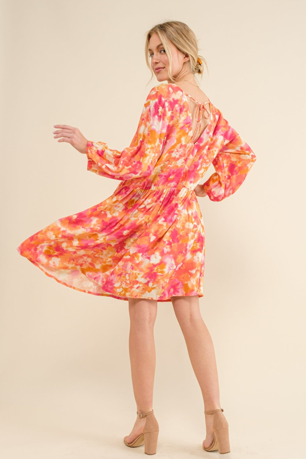 And The Why Printed Tie Back Long Sleeve Dress