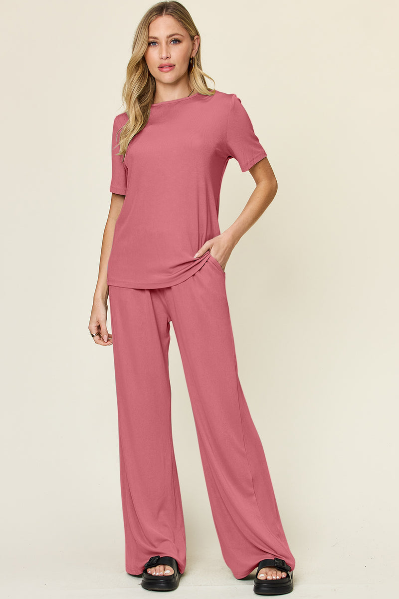 Hazel Blues® |  Double Take Round Neck Short Sleeve T-Shirt and Wide Leg Pants Set