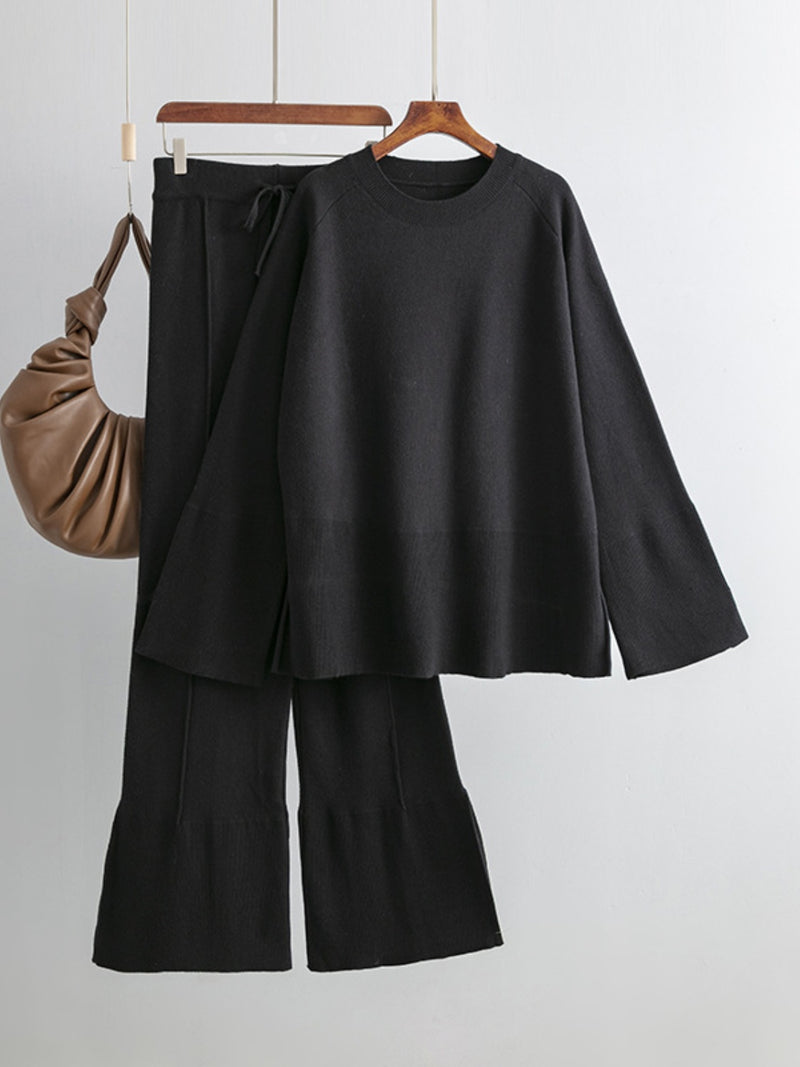 Hazel Blues® |  Basic Bae Slit Round Neck Long Sleeve Top and Drawstring Pants Sweater Set