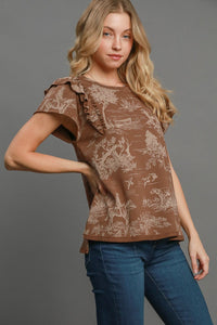 Hazel Blues® |  Umgee Ruffled Landscape Print Short Sleeve French Terry Top