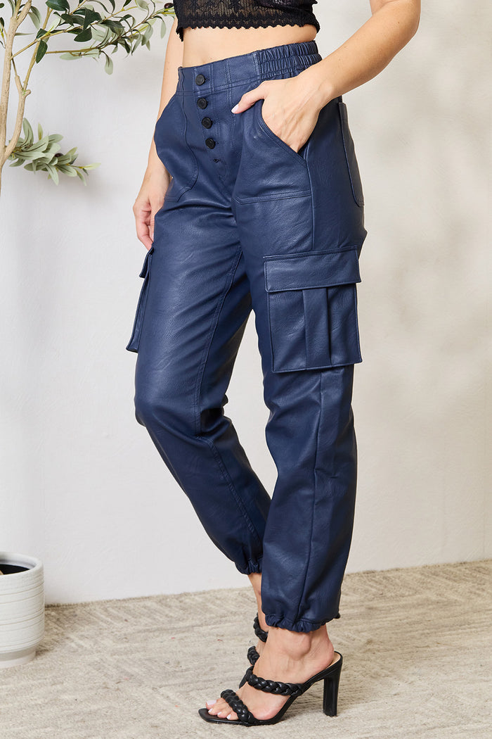 Hazel Blues® |  Kancan High Waist Faux Leather Cargo Joggers