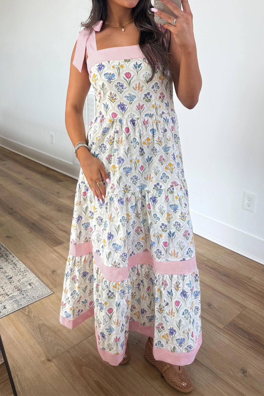 Multicolor Floral-Print Striped Detail Knot Straps Maxi Dress