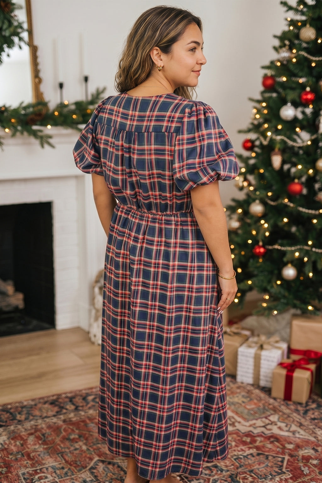 Black Plaid V-Neck Belted Waist Short-Sleeve Dress