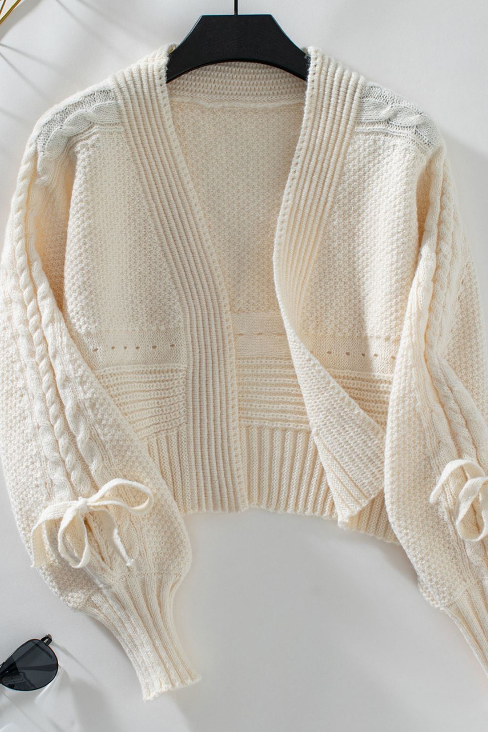 Hazel Blues® |  Cable-Knit Tied Open Front Lantern Sleeve Cardigan