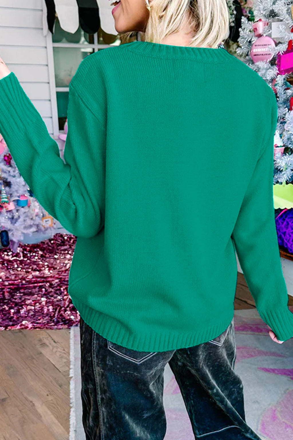 Amelia Belle Bright Green Merry Print Ribbed Trim Round Neck Loose Fit Sweater
