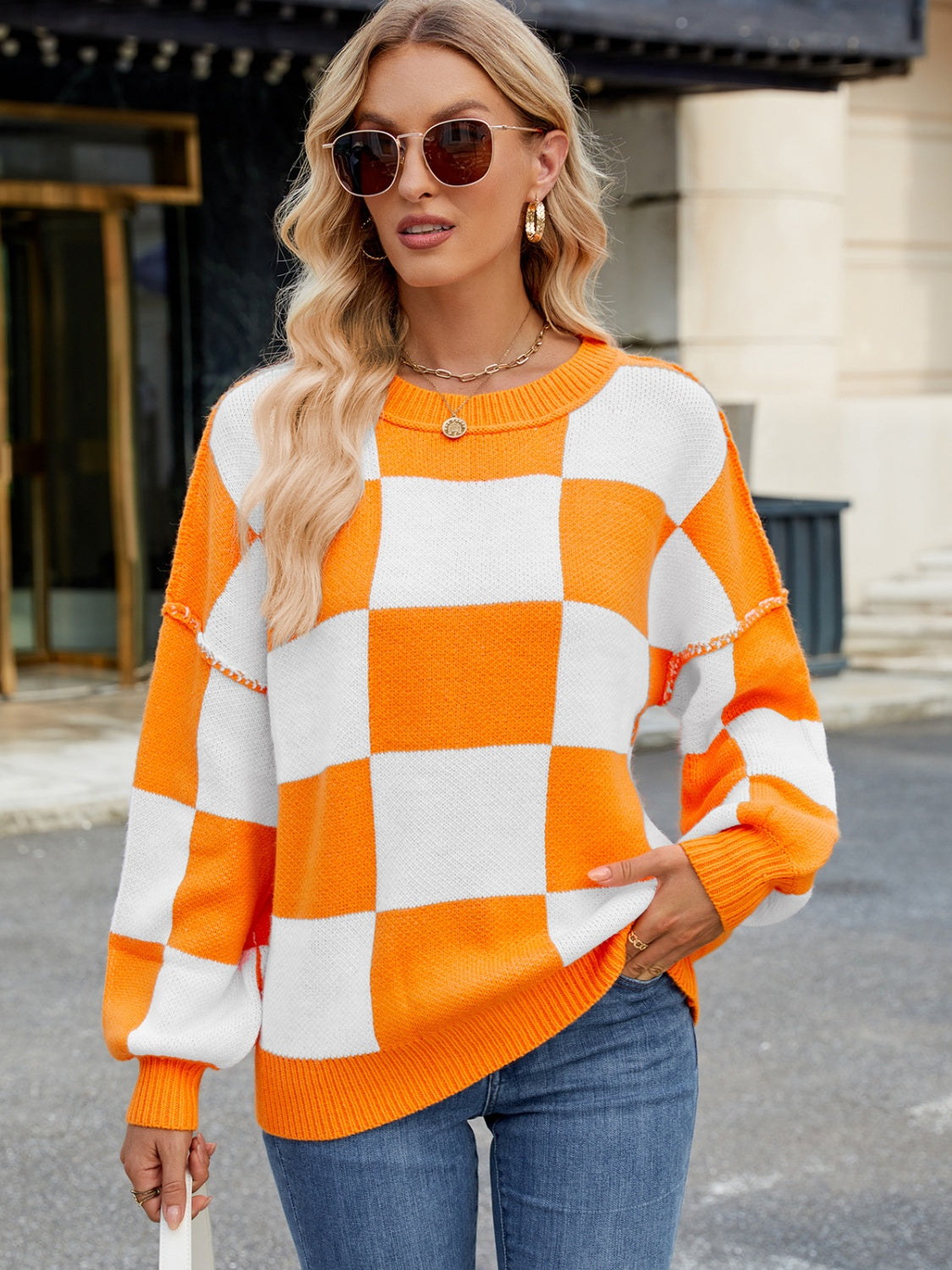 Hazel Blues® |  Checkered Round Neck Long Sleeve Sweater