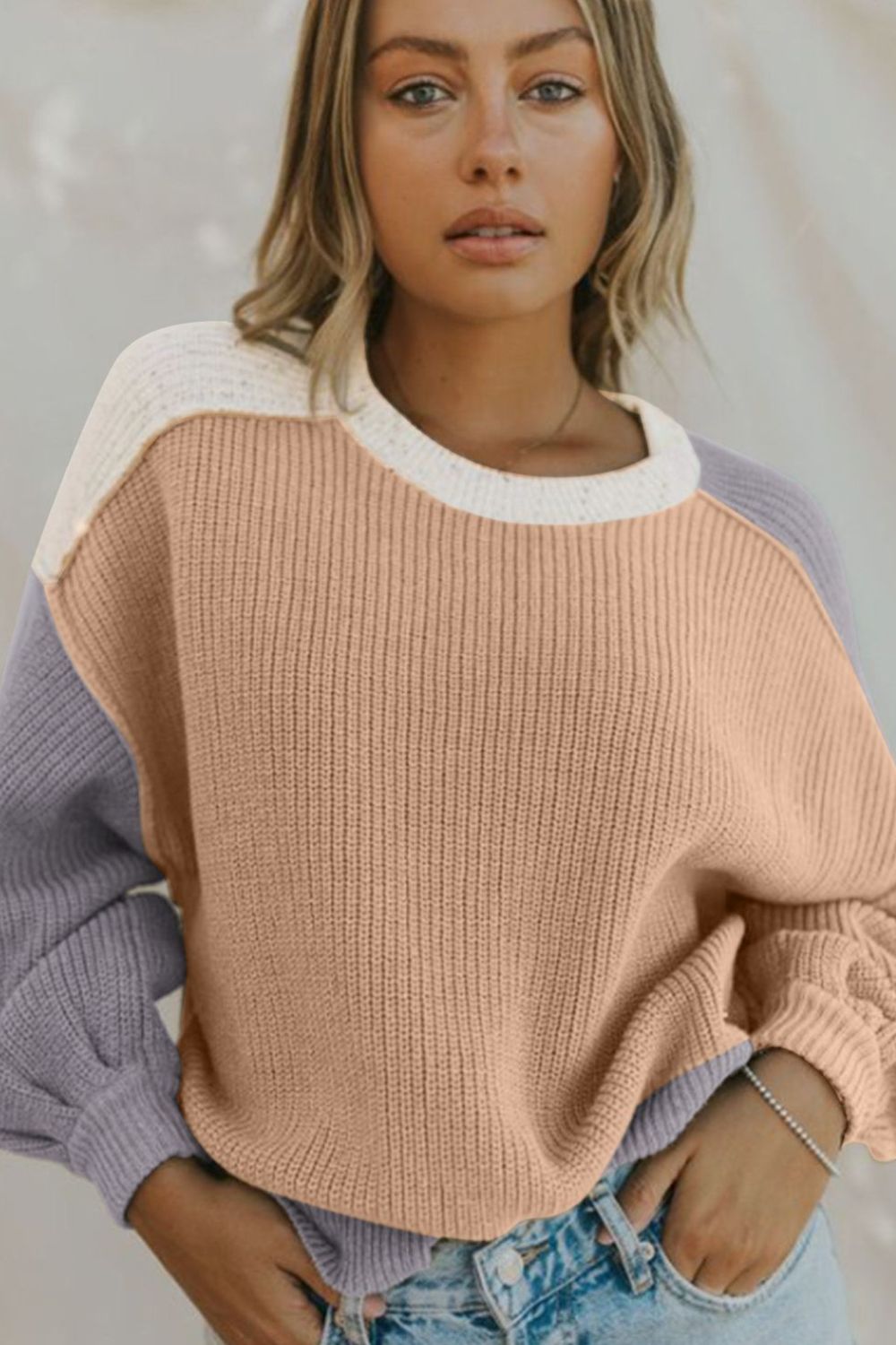 Hazel Blues® |  Color Block Round Neck Drop Shoulder Sweater