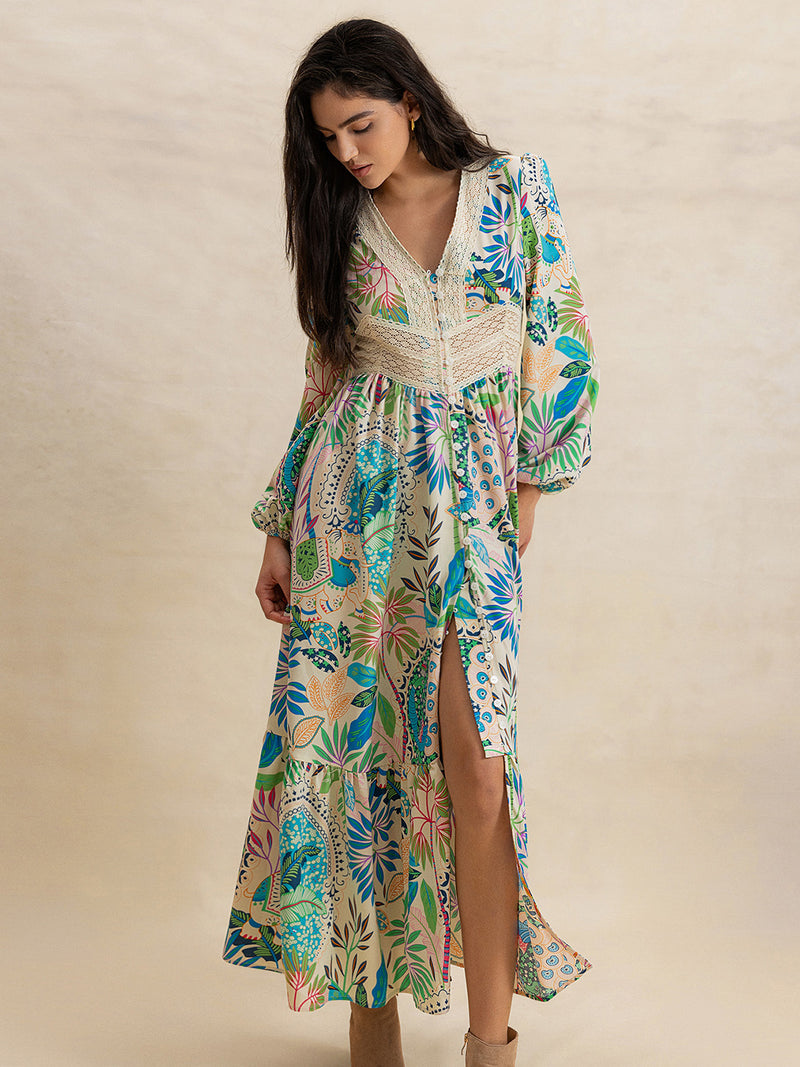 Hazel Blues® |  Slit Printed V-Neck Long Sleeve Midi Dress