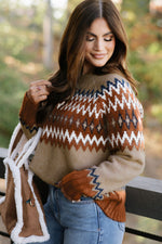 Hazel Blues® |  Khaki Aztec Print Colorblock Crew Neck Sweater