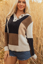 Hazel Blues® |  Multicolour Color Block Cable Knit Sleeve Buttons Collared Sweater