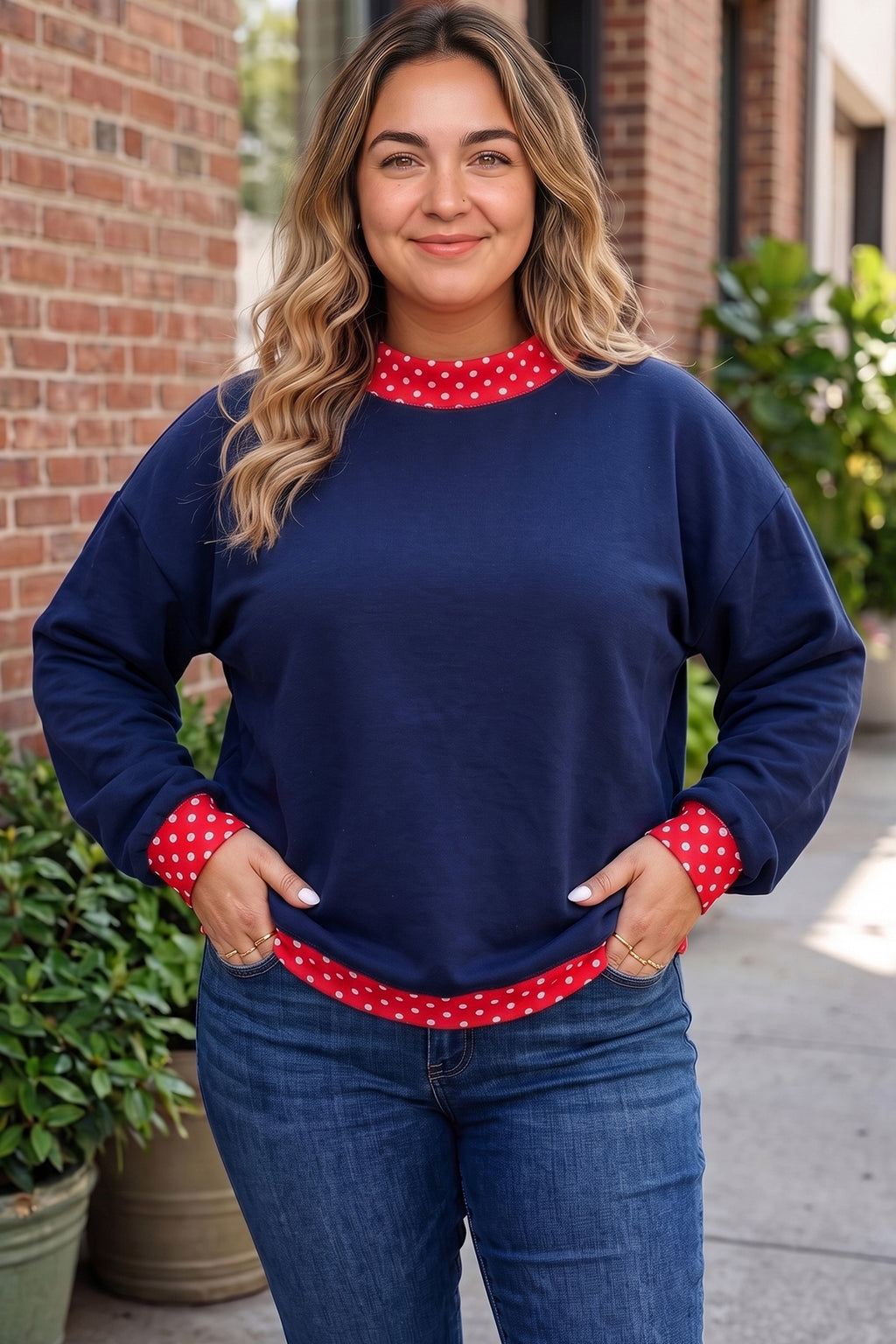 Dirty blue Polka-Dot Patchwork Round-Neck Sweatshirt