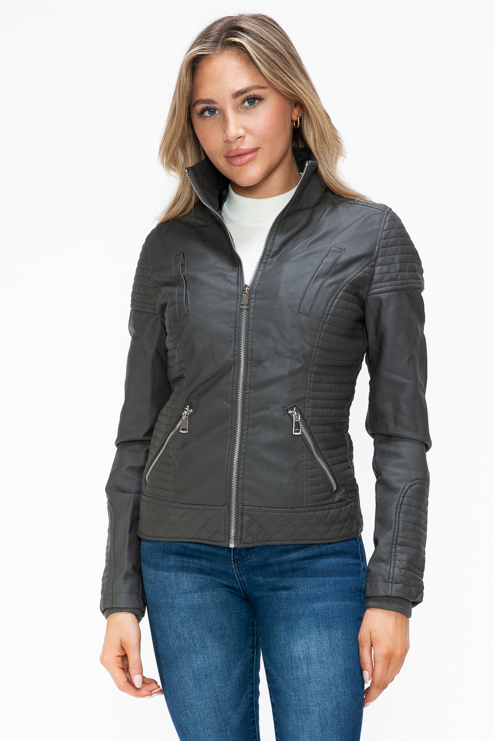 Hazel Blues® |  YMI Faux Layered Double-Zipper Jacket with Fuzzy Hood