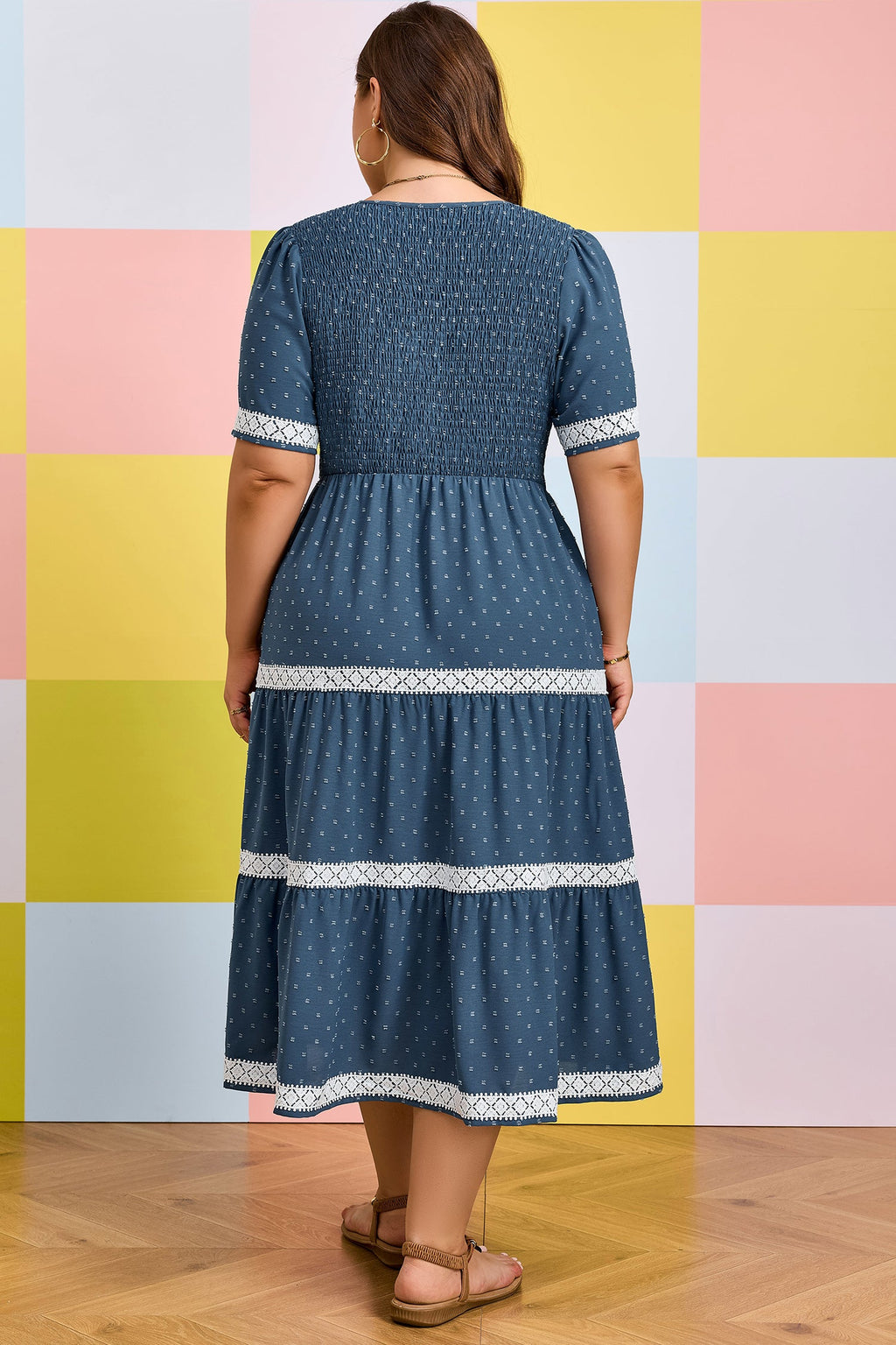 Dusk Blue V-Neck Swiss Dot Lace Patchwork Detail Flared Midi Dress