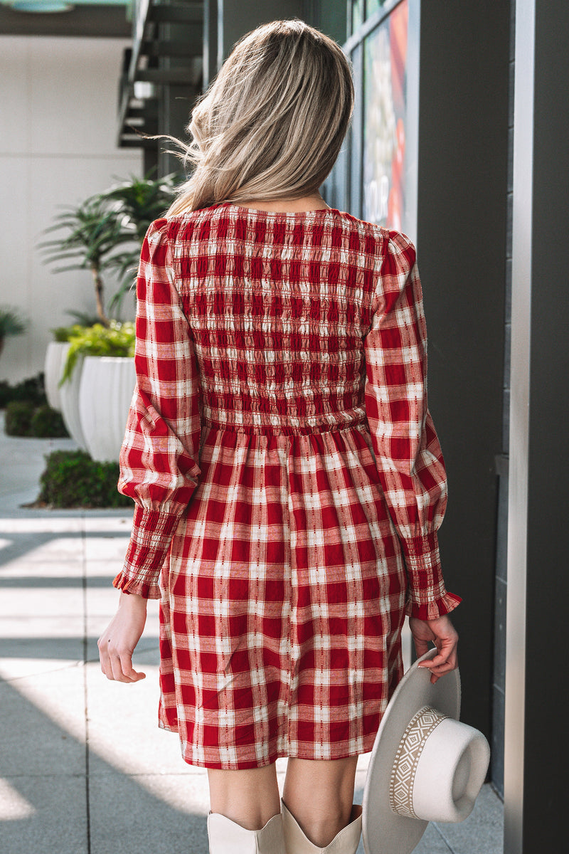 Red Plaid Print Smocked Puff-Sleeve Mini Dress – Hazel Blues®