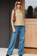Hazel Blues® |  Khaki Check Pattern Turtleneck Ribbed Slim Long Sleeve Tee