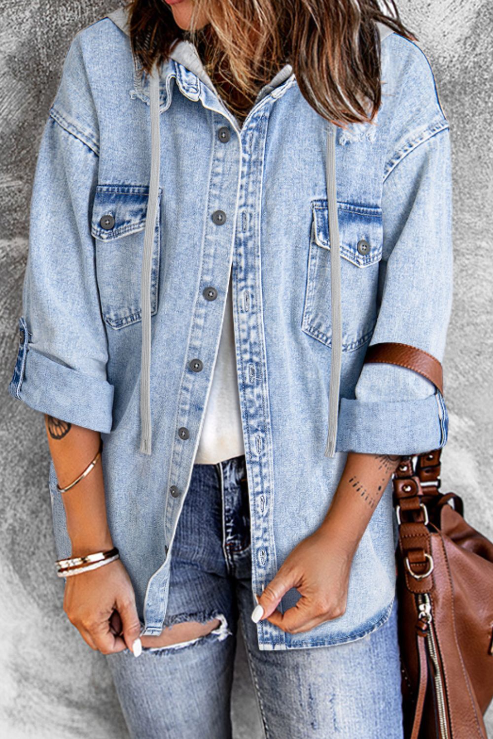 Hazel Blues® |  Distressed Button Up Hooded Denim Jacket with Pockets