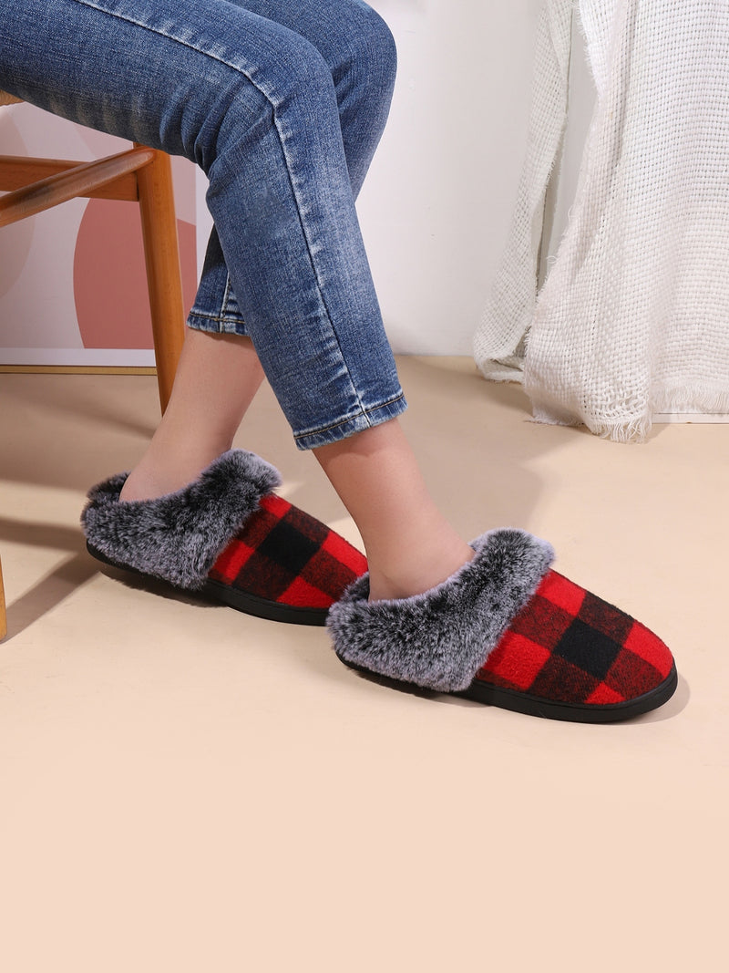 Hazel Blues® |  Plaid Furry Round Toe Flat Slippers