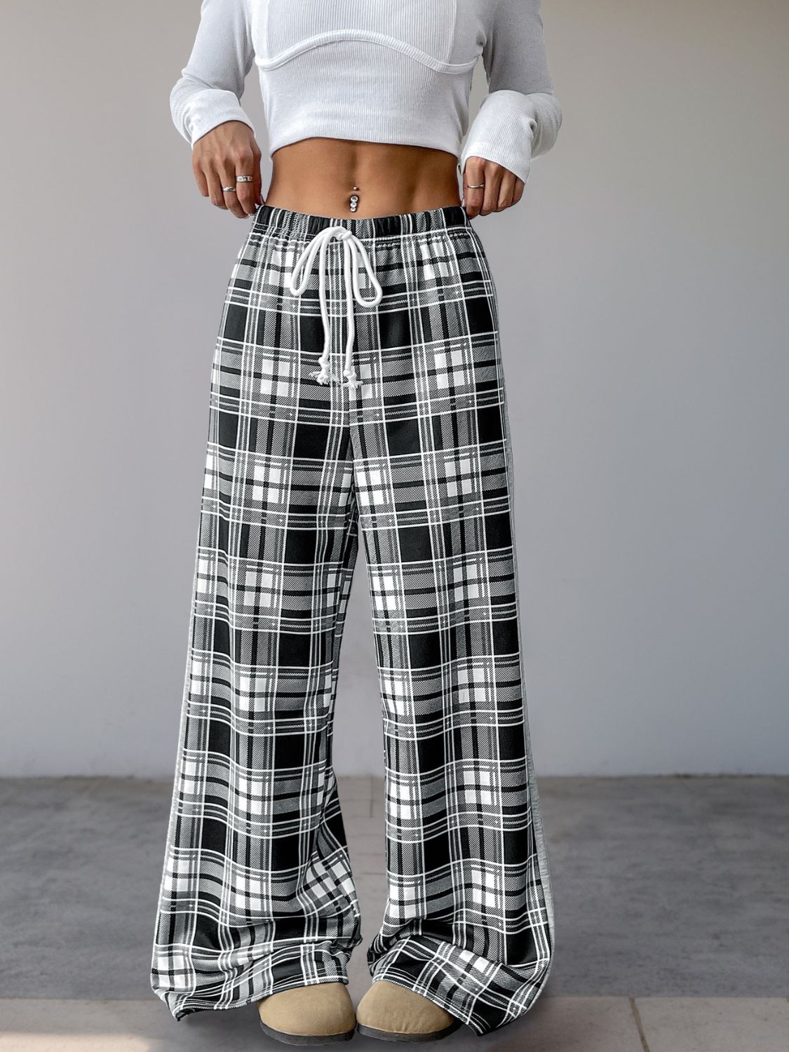 Hazel Blues® |  Perfee Drawstring Plaid Wide Leg Pants