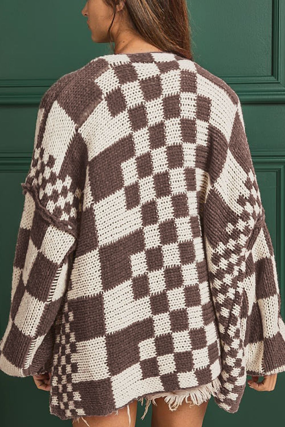 Hazel Blues® |  Checkered Open Front Long Sleeve Cardigan