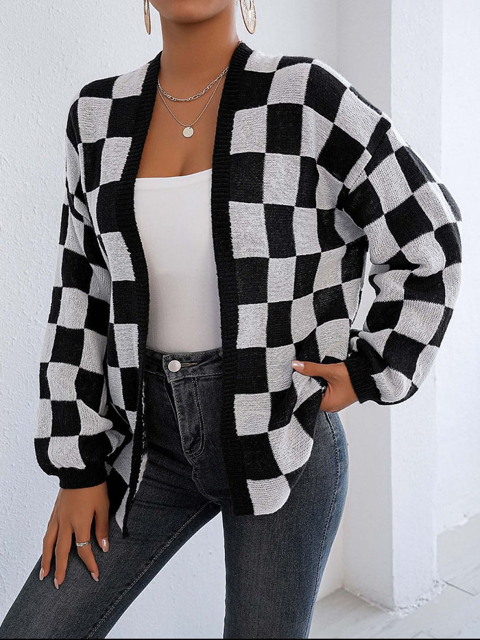 Hazel Blues® |  Checkered Open Front Long Sleeve Cardigan