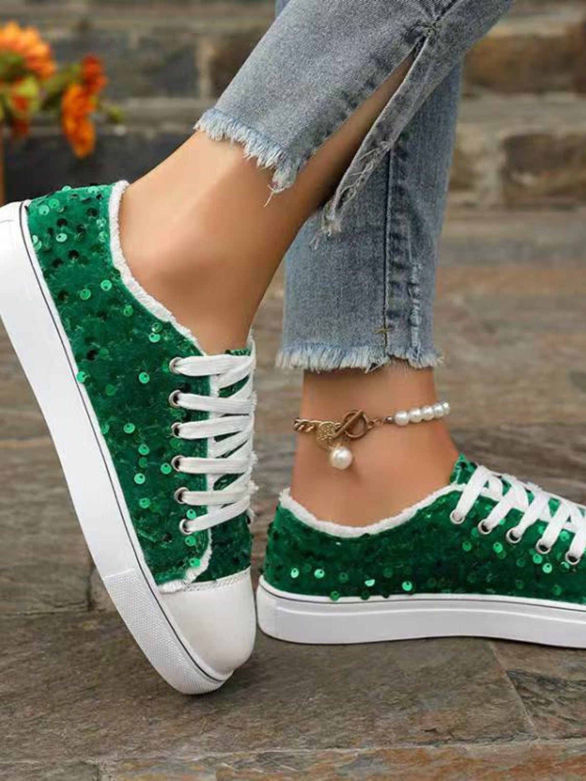 Hazel Blues® |  Sequin Round Toe Flat Sneakers