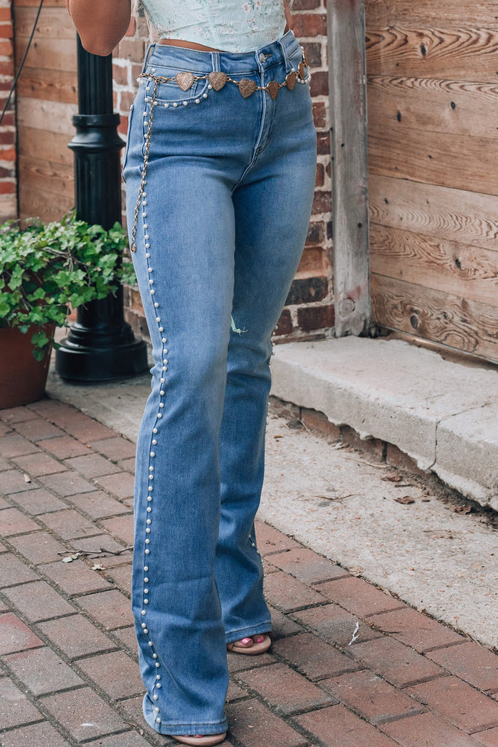 Hazel Blues® |  Pearl Trim High Waist Bootcut Jeans