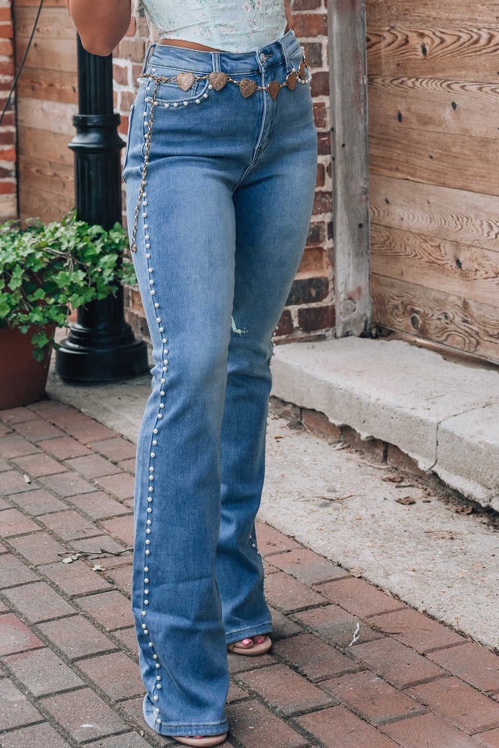 Hazel Blues® |  Pearl Trim High Waist Bootcut Jeans