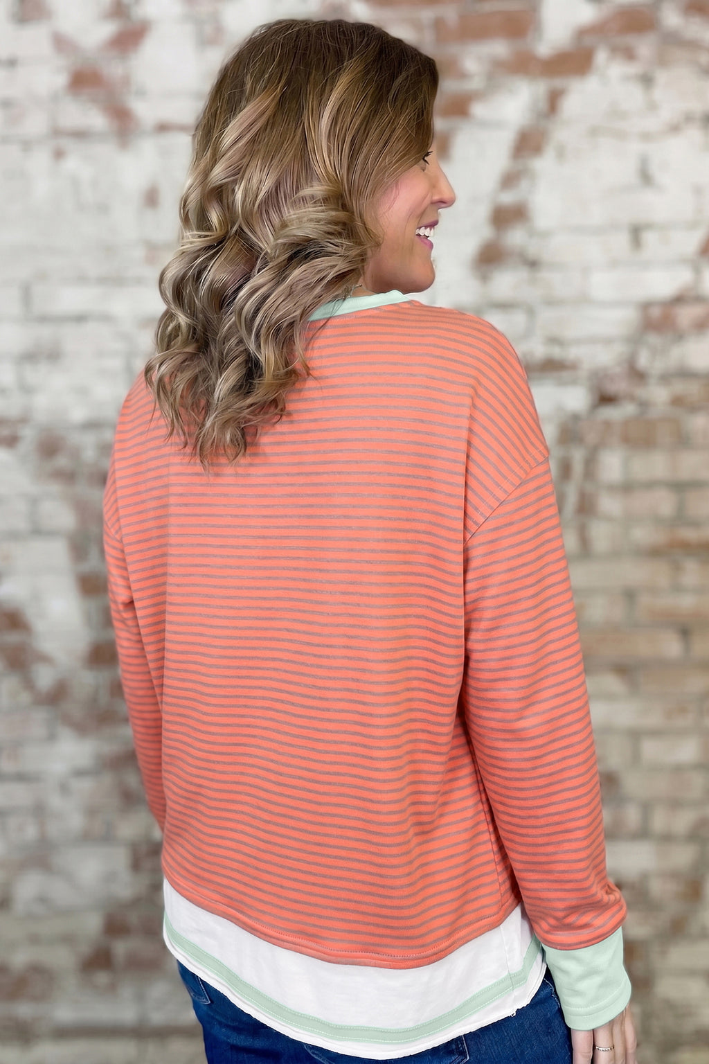 Orange Stripe Color-Block Detail Raw Seam Long-Sleeve Top
