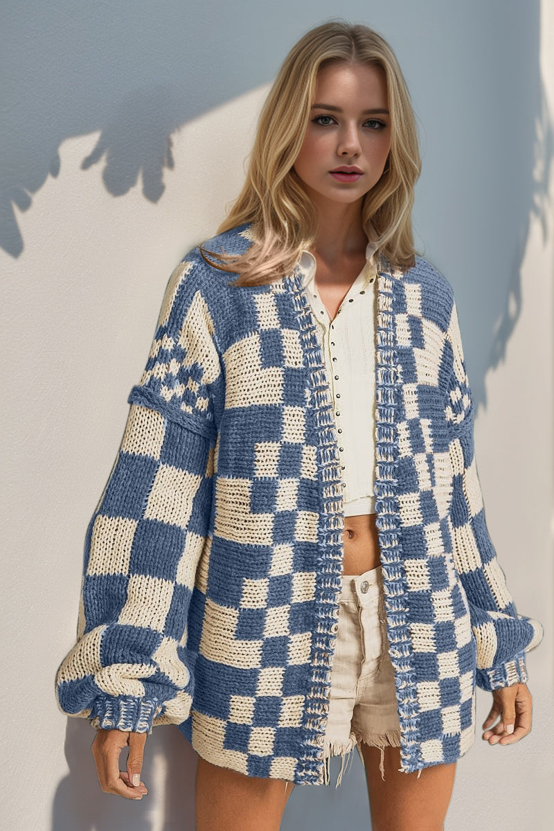 Hazel Blues® |  Double Take Open Front Checkered Drop Shoulder Cardigan