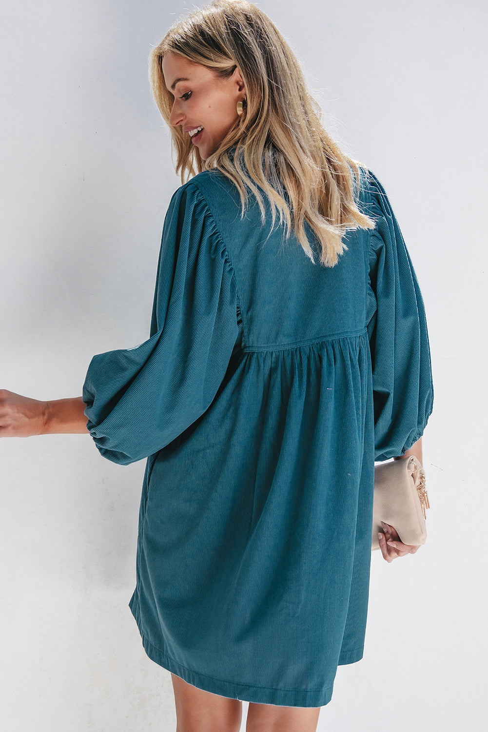 Fiona Dawn Blue Corduroy Snap Buttons Empire Waist Bracelet Sleeve Dress