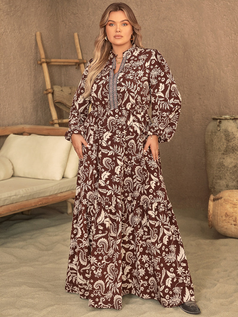 Hazel Blues® | Notched Balloon Sleeve Printed Maxi Dress